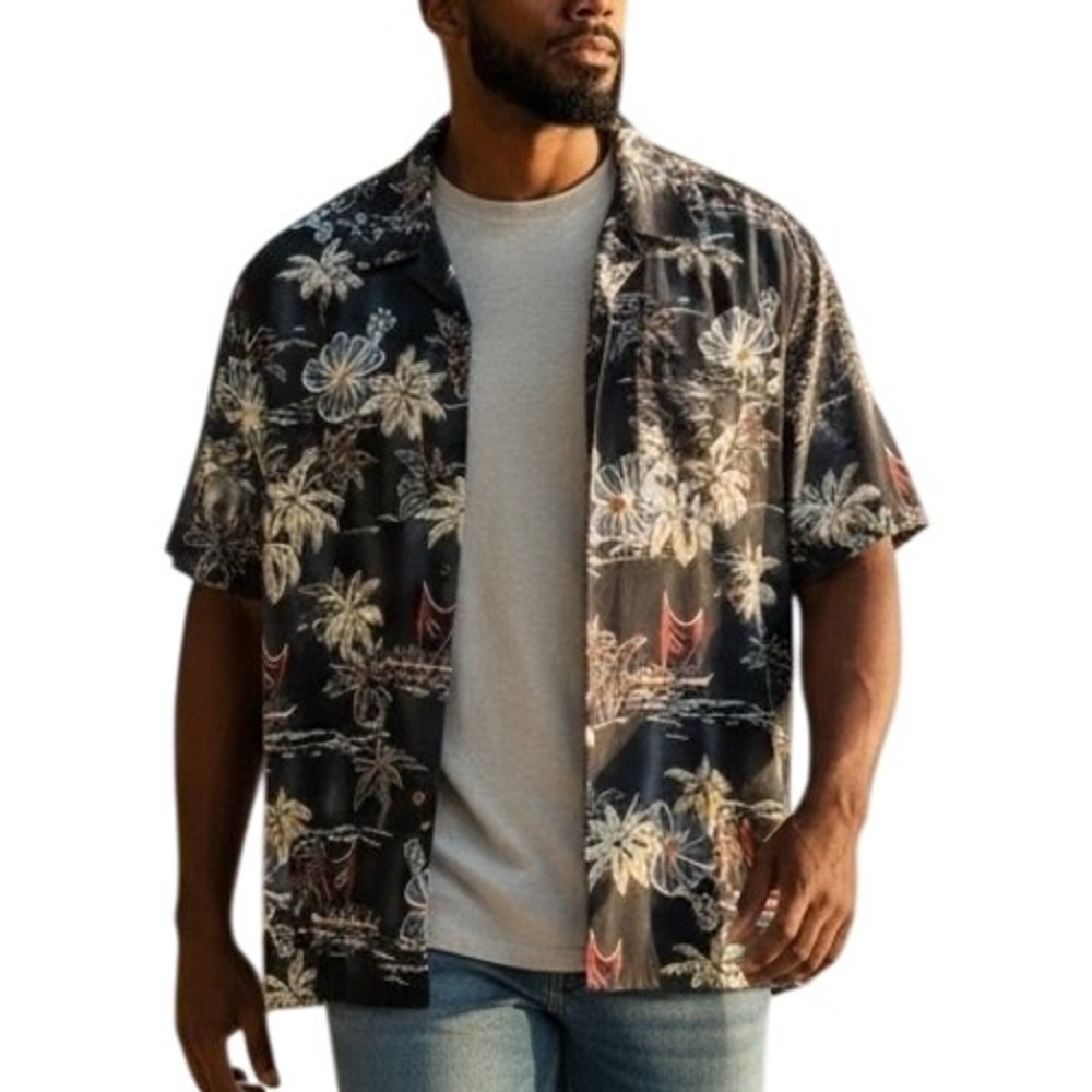 KENNINGTON LTD CALI Mens XL Aloha Hawaiian Shirt Floral Palm Tree Sailboat Black